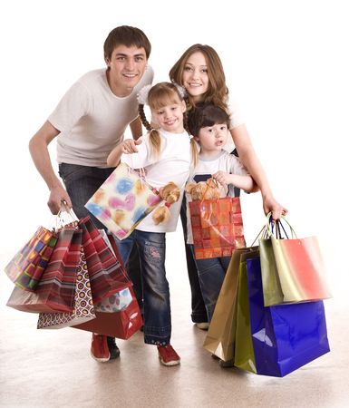 Happy family and children shopping. Isolated.の写真素材
