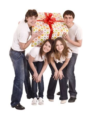 Happy family with gift box. Isolated.の写真素材