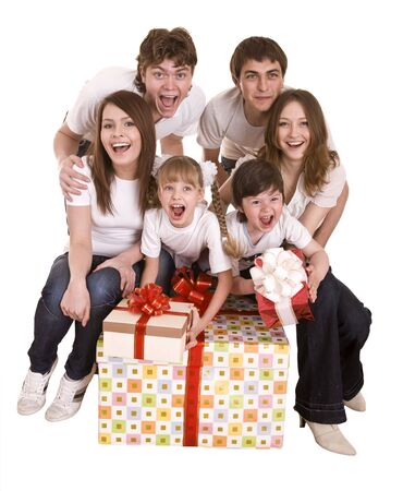  Happy family with gift box. Isolated.の写真素材