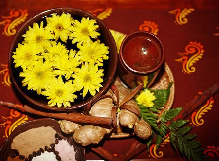  Spa still life with flower and spice on brown background.の写真素材