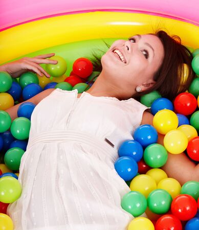 Happy birthday of girl in color ball on playground.の写真素材