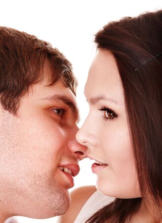 Couple of girl and man kiss. Love and passion.の写真素材