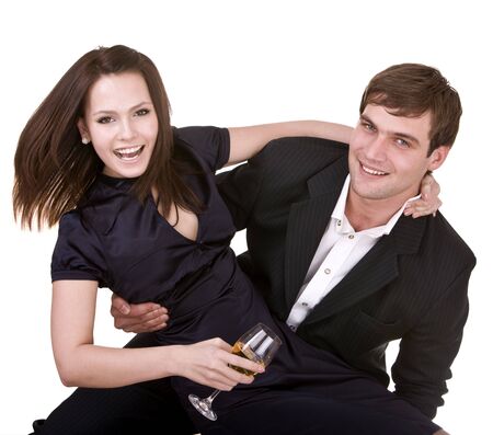 Couple of girl and man kiss and drink wine. Isolated.の写真素材