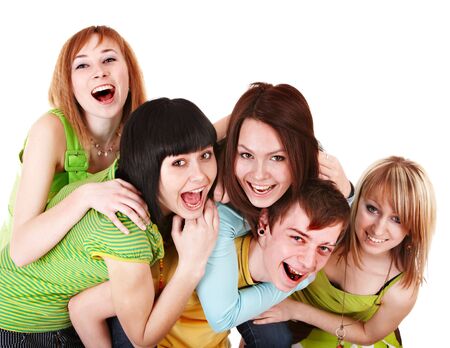 Happy group of young people in green.  Isolated.の写真素材