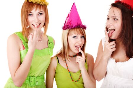Group girl in party hat on birthday eat chocolate cake. Isolated.の写真素材