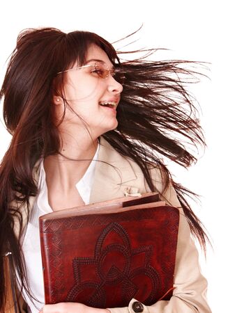 Clever girl with old book. Isolated.の写真素材