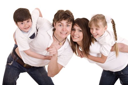 Happy family mother, father, daughter and son. Isolated.の写真素材