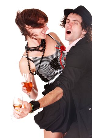 Couple man and girl with wine dance. Isolated.の写真素材