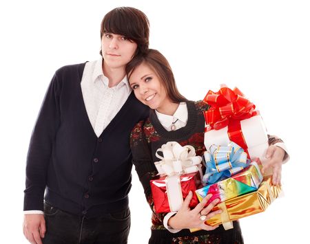 Happy man and girl with  group gift box. Isolated.の写真素材