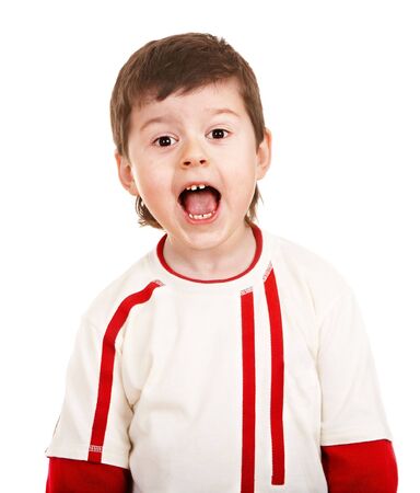 Boy in sport sweater with open mouth. Isolated.の写真素材