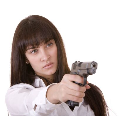 Beautiful young women with gun. Isolated.
