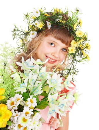 Beautiful girl with garland of wild flower. Isolated.の写真素材