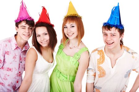 Happy group of people celebrate birthday. Isolated.の写真素材