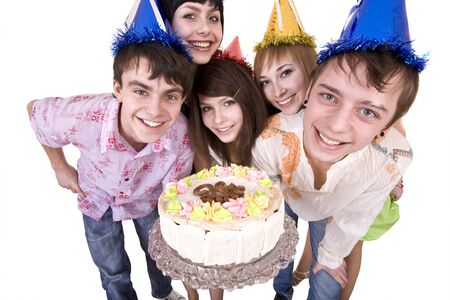 Group of teenagers celebrate happy birthday. Isolated.の写真素材
