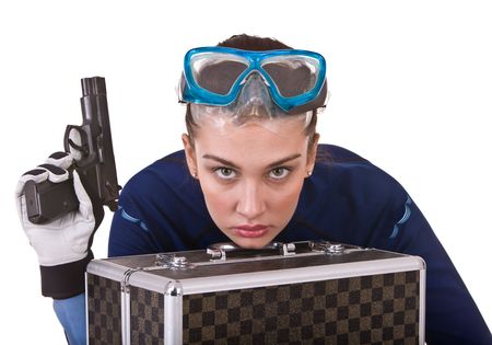 Girl in goggles and gun.  Isolated. の写真素材