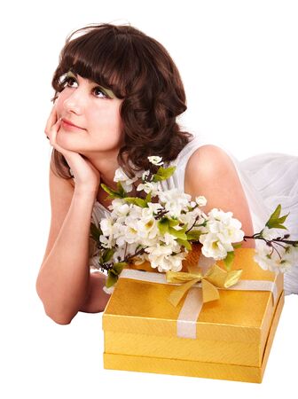  Beautiful girl with red gift box and flower. Isolated.の写真素材