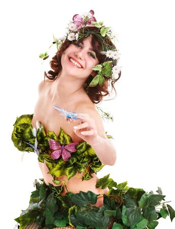 Beautiful young woman with flower and butterfly. Isolated.の写真素材