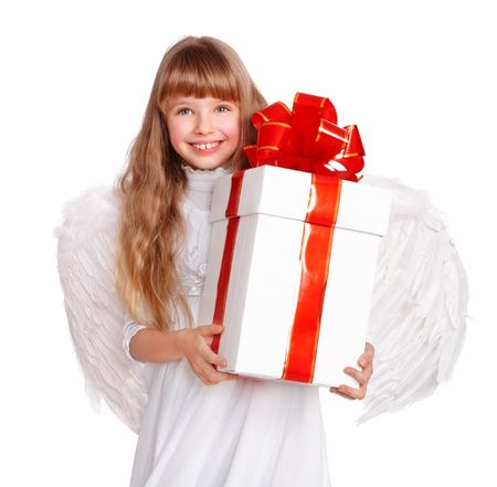 Girl in angel costume with white gift box.の写真素材