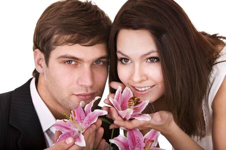  Couple of girl and man with flower. Isolated.の写真素材