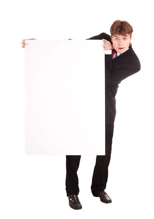  Businessman with white banner look. Isolated.の写真素材