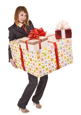 Beautiful woman with group of gift box. Isolated.の写真素材