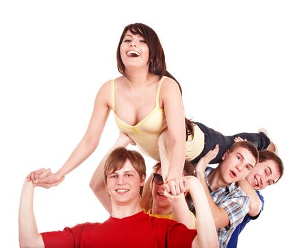 Group of people. Men hold  girl on hands. Isolated.の写真素材