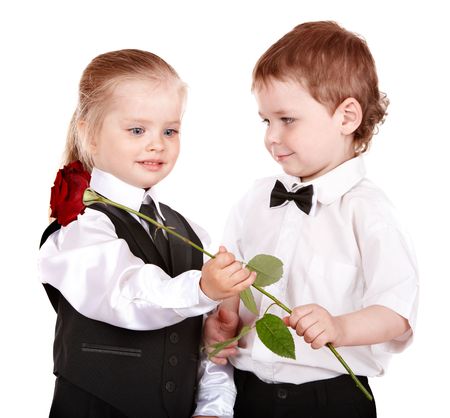 Children in business suit with rose.Valentines day.の写真素材
