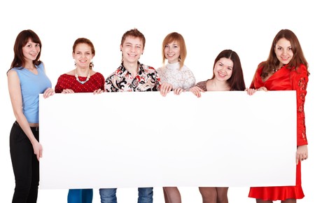 Group of happy people with banner. Isolated.の写真素材