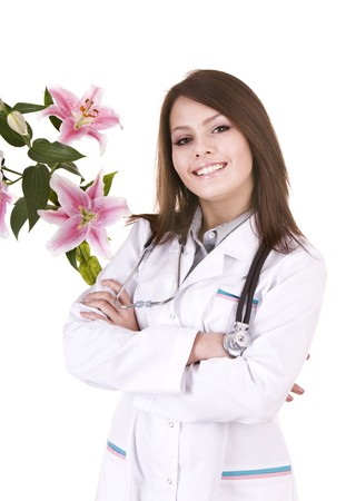 Female doctor with stethoscope and flower. Isolated.の写真素材