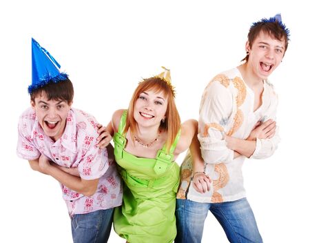 Group of teenagers celebrate birthday. Isolated.の写真素材