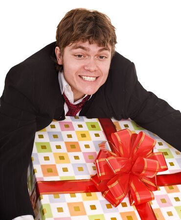 Business man with big gift box. Isolated.の写真素材