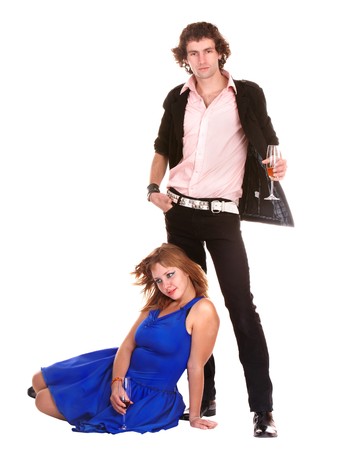 Couple with glass of wine on wite background. Isolated.の写真素材