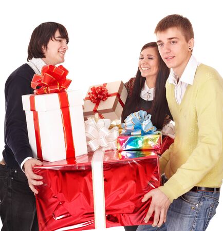 Group people  with stack gift box. Isolated.の写真素材