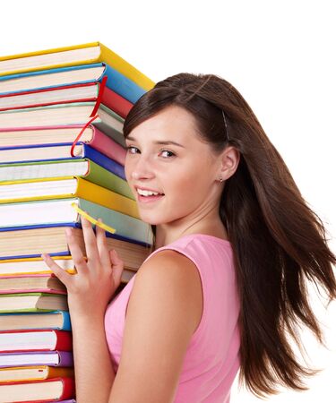 Girl with pile colored book. Isolated.の写真素材