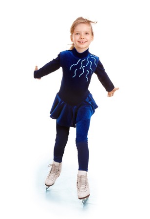 Girl in blue sport dress on skates.Isolated.の写真素材