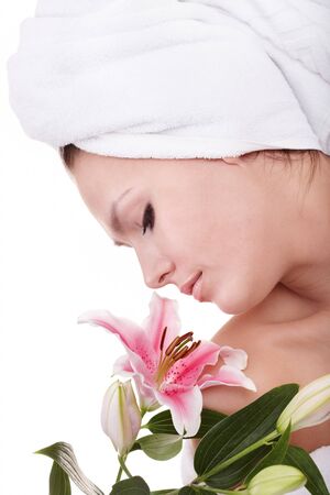 Young beautiful woman on massage table in beauty spa.の写真素材