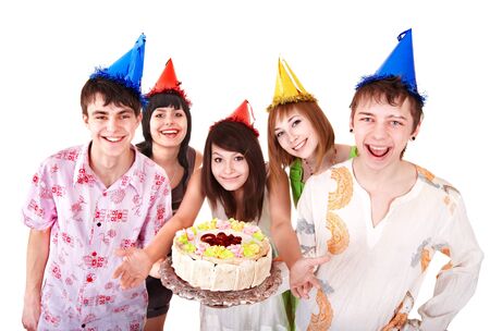 Group people eat cake. Isolated.の写真素材