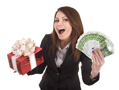 Business woman with money and gift box.  Isolated.の写真素材