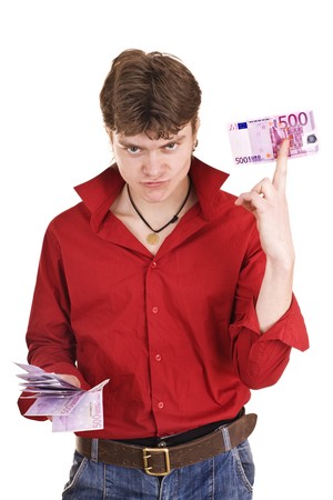 Man in red with money. Isolated.の写真素材