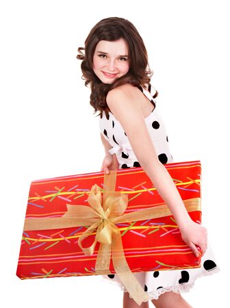 Girl with big red gift box. Isolated.の写真素材