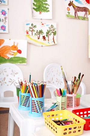 Colorful pencil  in art class.  Interior.の写真素材