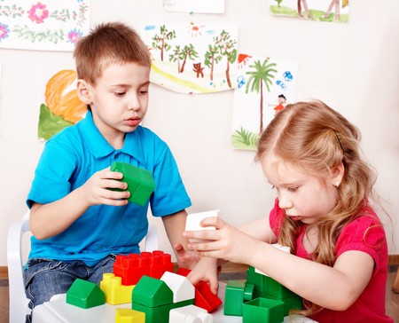 Children playing construction set .の写真素材