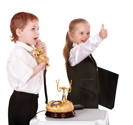 Children in business suit with telephone and folder . Isolated.の写真素材