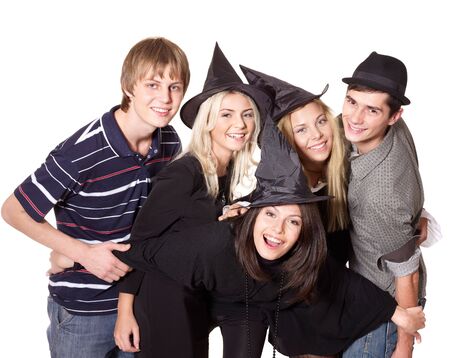 Group young people at party in witch hat. Isolated.の写真素材