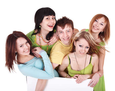 Group of people on white.Tenager girl and teenager boy.の写真素材