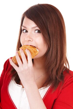 Young woman with chocolate cake. Isolated.の写真素材