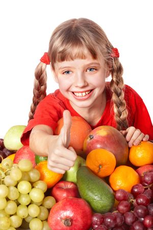 Child girl with group of  fruit. Isolated.の写真素材