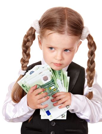Sad child with money euro. Isolated.の写真素材