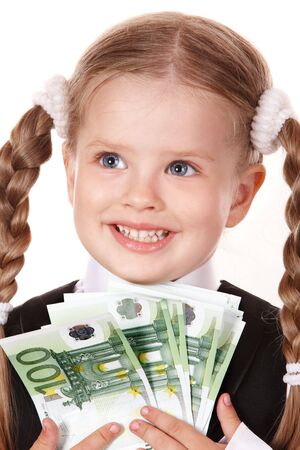 Happy little girl with money euro. Isolated.の写真素材