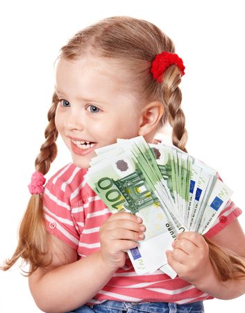 Happy child with money euro. Isolated.の写真素材